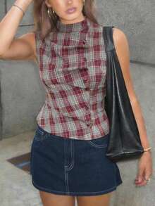 Poéselle Blusa sin mangas plisada a cuadros rojos de moda para mujer, de verano - Multicolor - Ver 5