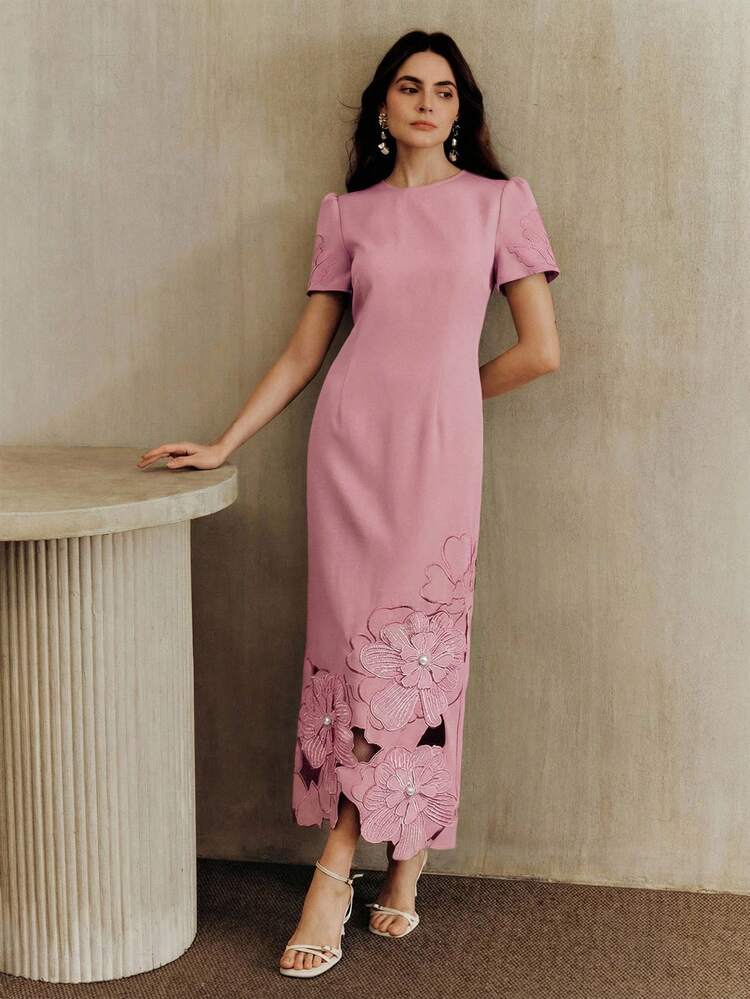 Solid Color Straight Waist-Cinching Short Sleeve Dress With Cutout Embroidered Pearl Design, Long Length For Women
