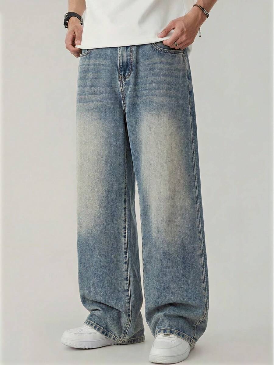 Tween Boy fickor med knappar, casual, mångsidiga, vardagliga jeans med vida ben - Mediumtvätt - Visa 1