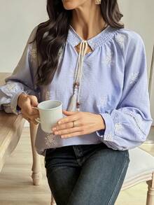 Vivie Lora Women's Embroidered Loose Striped Vacation Shirt Boho Long Sleeve - Blue - View 6