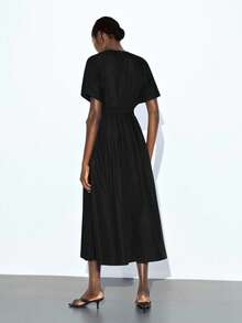 Maija Black Deep V-Neck Waist Cinched Flared Dress For Women - Black - View 5