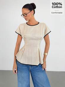 Siren Gaze 女士圆领褶皱时尚百搭通勤短袖衬衫 - 杏色 - 查看 5