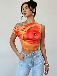 Firerie Elegant Women's Orange Floral Asymmetric One Shoulder Short Sleeve Cropped T-Shirt,Boho Summer Top For Beach Vacation,Holiday,Afternoon Tea Crop Top - Multicolor - View 4