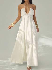 SHEIN PETITE 女士浪漫印花沙滩度假露背吊带V领褶皱A字连衣裙，适合夏季夏威夷度假，也适合女士夏季连衣裙、下午茶会连衣裙和白色毕业礼服。 - 白色 - 查看 5