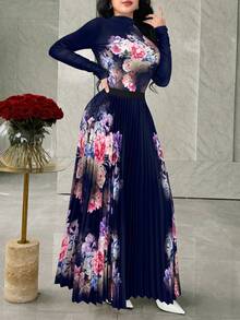 Modelyn Women Floral Print Long Sleeve Blouse And Pleated Midi Skirt 2 Pieces Set - Navy Blue - View 5
