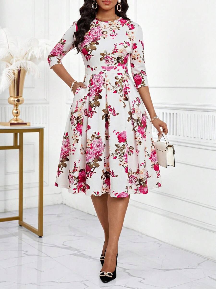 SHEIN Lady 女士印花圆领中长连衣裙 - 彩色 - 查看 1
