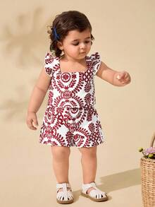 Travachic KIDS Baby Girl & Mom Matching Ditsy Floral Square Neck Ruffled Camisole And Shorts Set, 2pcs, Suitable For Vacation, Outing, Travel,Kids - Red - View 5