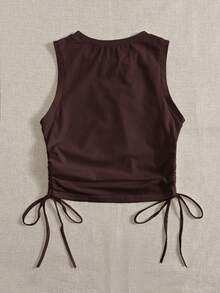 SHEIN EZwear Atasan Wanita Polos Leher Bulat Kasual Serbaguna untuk Pemakaian Sehari-hari, Atasan Musim Panas - Chocolate Brown - View 2