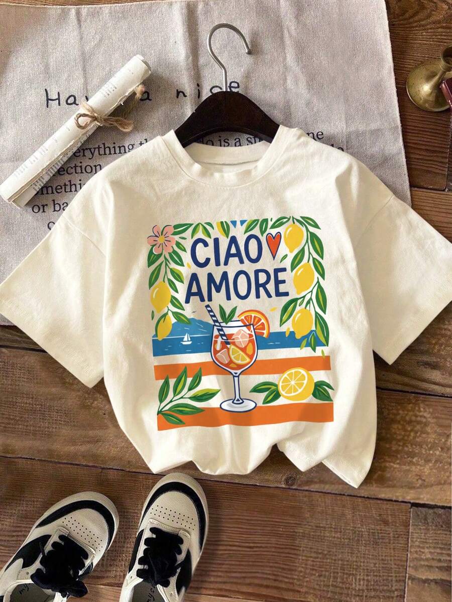 DrmWander Women's Letter Print Round Neck Short Sleeve Casual Versatile T-Shirt - Apricot - View 1