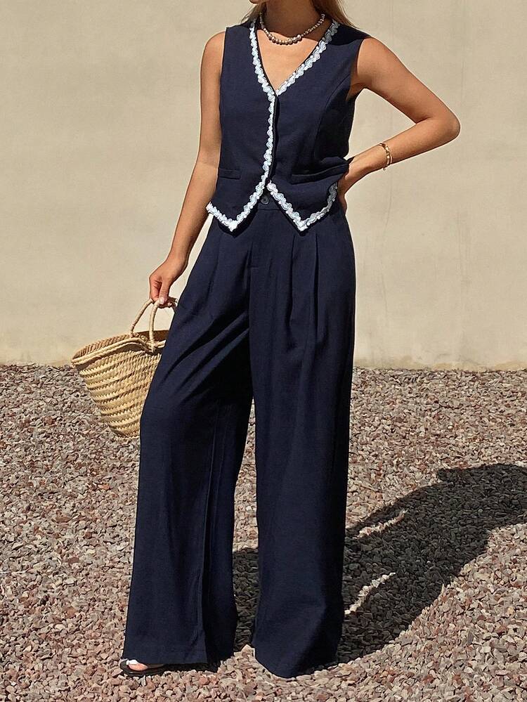 Women's Elegant Two Pieces Set: Patchwork Contrast Trim V-Neck Sleeveless Vest Jacket And Straight Leg Pants, Suitable For Autumn/Winter