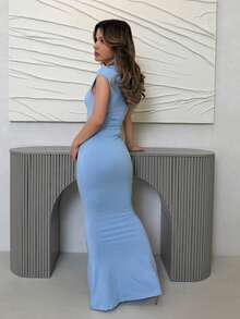 Jemour 夏季服装、日常约会和旅行装、派对装、优雅女士内衣、外出装、斜肩不对称加长鱼尾裙、俱乐部女士装、约会装、宴会礼服 - 淺藍色 - 查看 2