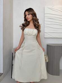 Jemour 素色胸部褶皺側邊綁帶吊帶洋裝 - 杏色 - 查看 5