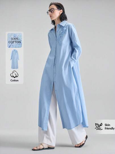 Ontre 2026ss Women's Blue Comfortable Breathable Moisture-Wicking Fabric Fitted Round Neck Dropped Shoulder Long Sleeve H-Line Straight Hem Long Shirt With Chest Embroidered Patch Accent, Sophisticated Urban Fashion Business Casual Office Wear, Low-Key Elegant High-End Commuter Airport Cruise Ship Middle East Wedding Guest Outfit, Minimalist Luxurious Quality All-Season Versatile Women's Shirt Country Concert, Western Style Clothing, High-Grade Fabric, Comfortable And Breathable Bohemian Style