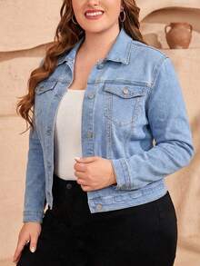 SHEIN LUNE Women's Solid Color Long Sleeve Front Button Short Denim Jacket - Blue - View 4