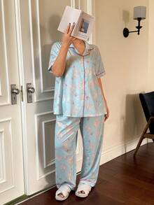 Napfluff CURVE 泡泡褶皱印花翻领开衫短袖睡衣套装 - 彩色 - 查看 4