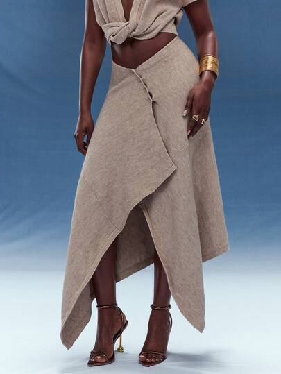 Normani Asymmetrical Hem V-Waist Sweater Skirt, Fashionable, For Fall And Winter