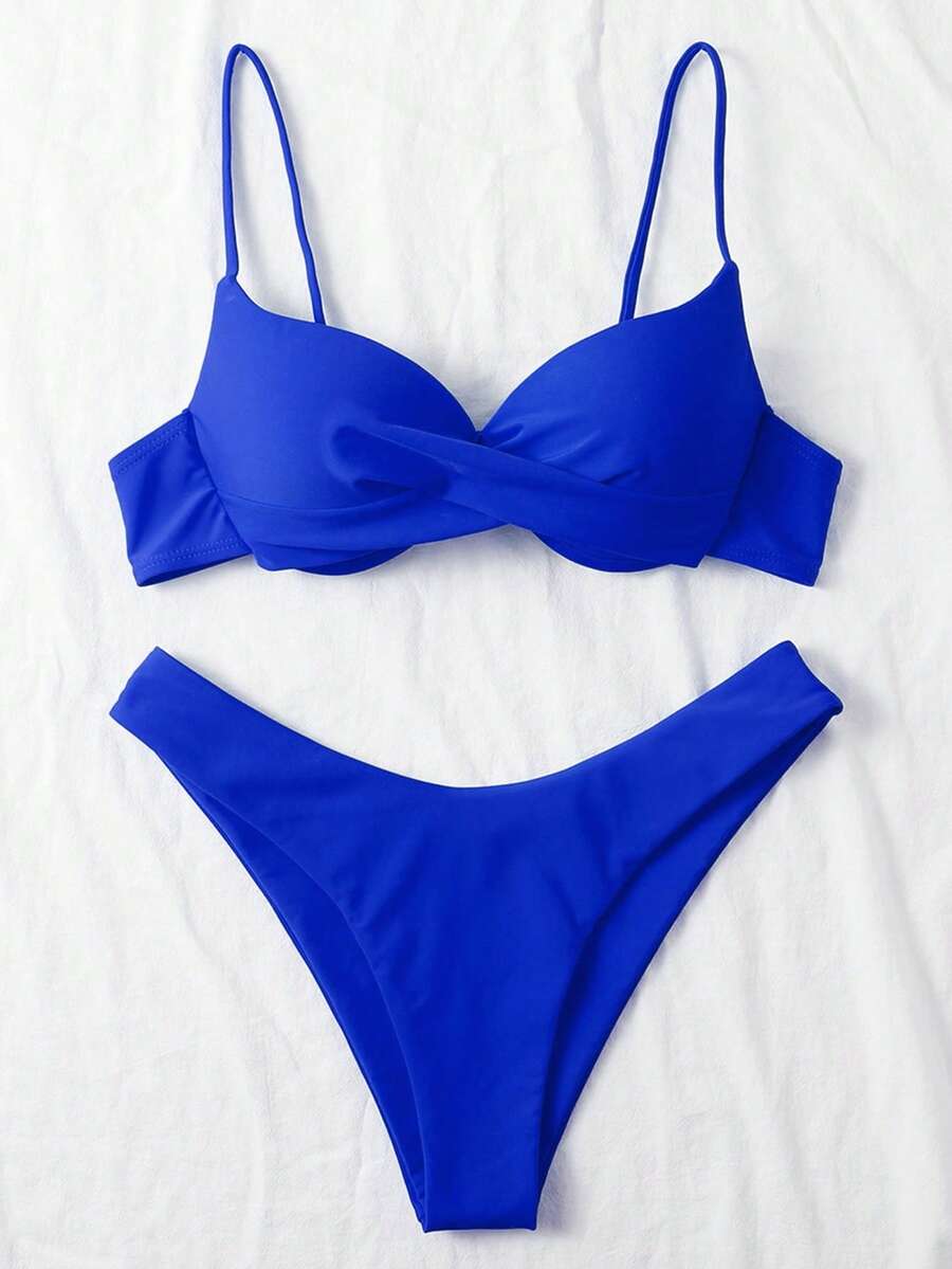 Swim Basics 女士夏季沙滩纯色交叉性感比基尼泳装套装，聚拢型 - 藍色 - 查看 1