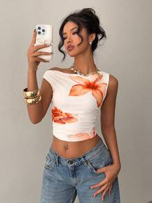 Siren Gaze 夏季休闲不对称领口上衣 女款 白色碎花印花 褶皱紧身沙滩度假 2025 Y2K 节日时尚上衣 外出上衣 碎花不对称领口紧身印花网纱T恤 女款碎花印花不对称褶皱领口时尚上衣 单肩上衣 女款单肩上衣 性感夏季上衣 碎花上衣 女款性感上衣 女式上衣 夏季女装 女式短袖上衣 夏季女式上衣 女士紧身衣 女式上衣 夏季可爱上衣 - 橘色 - 查看 5