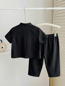 SHEIN Lässiges, locker sitzendes 2 Stücke Set aus Hemd mit Stehkragen und Hose aus gewebtem Uni-Stoff mit kurzen Ärmeln, geeignet für Babyjungen und -mädchen, Frühling/Sommer/Herbst, Outdoor, Urlaub, Alltag, Reisen - Schwarz - Übersicht 6