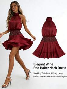 Pariaura 女士时尚性感春夏酒红色露背串珠拼接设计奢华优雅派对鸡尾酒会迷你连衣裙，腰部系带，露背设计 - 酒紅色 - 查看 9