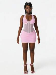 Amplova Halter Neck Sleeveless Rhinestone Waist Cinched Sheer Ruched Sexy Party Mini Dress - Baby Pink - View 9