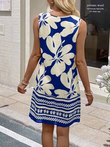 SHEIN LUNE Đầm nữ cỡ lớn in hoa không tay kiểu dáng thường ngày với khóa cài tròn - Xanh đậm - Xem 2