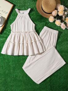 1 Set Gentle Minimalist Ribbed Texture Sleeveless Top + Wide Leg Pants Suit, Casual Outfit For Daily Wear And Dates, Spring/Summer/Autumn - Apricot - View 8