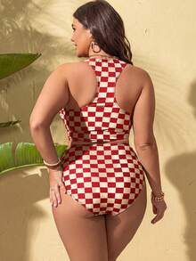 Swim Lushoire Traje de baño de dos piezas con acolchado y estampado de cuadros para mujer de talla grande - Rojo - Ver 2