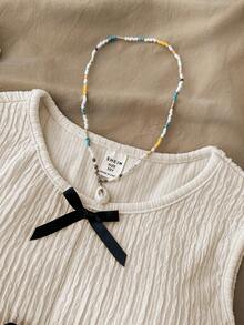 Tween Girls Cute White Crop Top With Black Bowknot Detail And Slit Hem, Summer Tops - Apricot - View 5