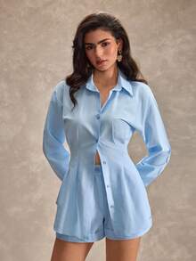 CLARA VERO Bộ áo sơ mi cài cúc phía trước và quần short cạp cao, dáng rộng, tay dài, đa năng, phù hợp mặc hàng ngày hoặc đi ăn trưa. Chất liệu polyester nhẹ, không co giãn, có đường viền gấu quần gập đôi gọn gàng. - Màu xanh lam - Xem 1