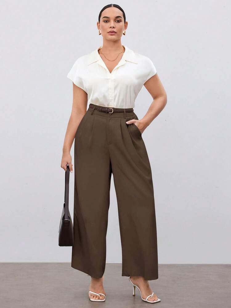SHEIN Maija Plus Size Women Solid Color Casual Straight Leg Pants, Suitable For Work & Commute Wide Pants Loose Pants Brown Pants For Women Oversized Pants Brown Wide Pants St Patrick's Day Women Easter Summer Easter Women Party Top Beach Summer Holiday Each Vacation For Women Summer For Women Going Out Graduation Graduation Casual Casual Blouses For Women