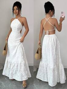 Elenzga Women's Embroidered Floral Halter Neck Backless Tie-Up Waist A-Line Dress, Delicate Design, Vacation Style, Spring/Summer - White - View 6