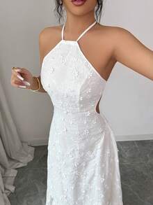 Elenzga Women's Embroidered Floral Halter Neck Backless Tie-Up Waist A-Line Dress, Delicate Design, Vacation Style, Spring/Summer - White - View 5