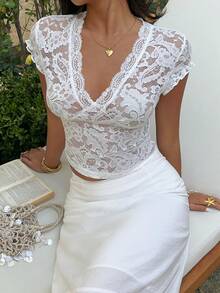 INAWLY Women's White Floral Lace Scalloped V Neck Cap Sleeve Sheer Blouse - Summer Date Night Party Top - White - View 6