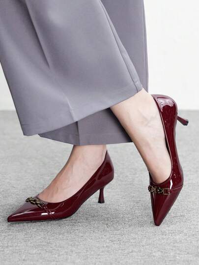 CUCCOO BIZCHIC Women's High-Heeled Shoes, Retro Burgundy Patent Leather Pointed High Heels, Metal Buckle Stiletto Shoes, Elegant Banquet Daily Commuter Versatile Women's Shoes