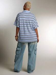 Denimoi 深V领翻领超大款条纹Polo衫 时尚上衣 - 藍色 - 查看 5