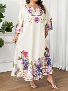 SHEIN CURVE+ 新款休闲卡通印花连衣裙，适合婚礼宾客，优雅连衣裙，波西米亚风印花连衣裙 - 杏色 - 查看 9