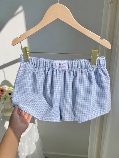 Comfortcana Summer 2026 Women's New 45% Cotton Blue Checkered Shorts, Suitable For Women's Vacation Wear, American Casual, Valentine's Day, Carnival, Home Leisure, Beach, Holiday