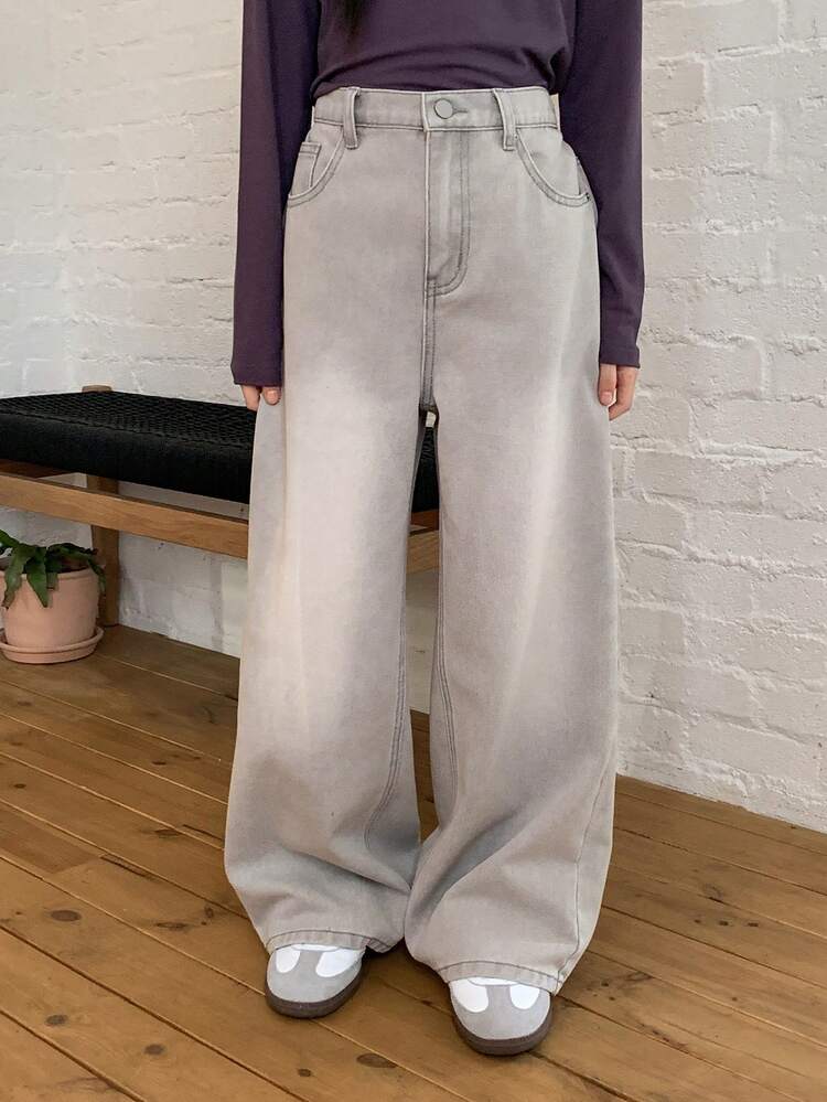 Tween Girls' Solid Color Slant Pocket Casual Versatile Wide Leg Jeans