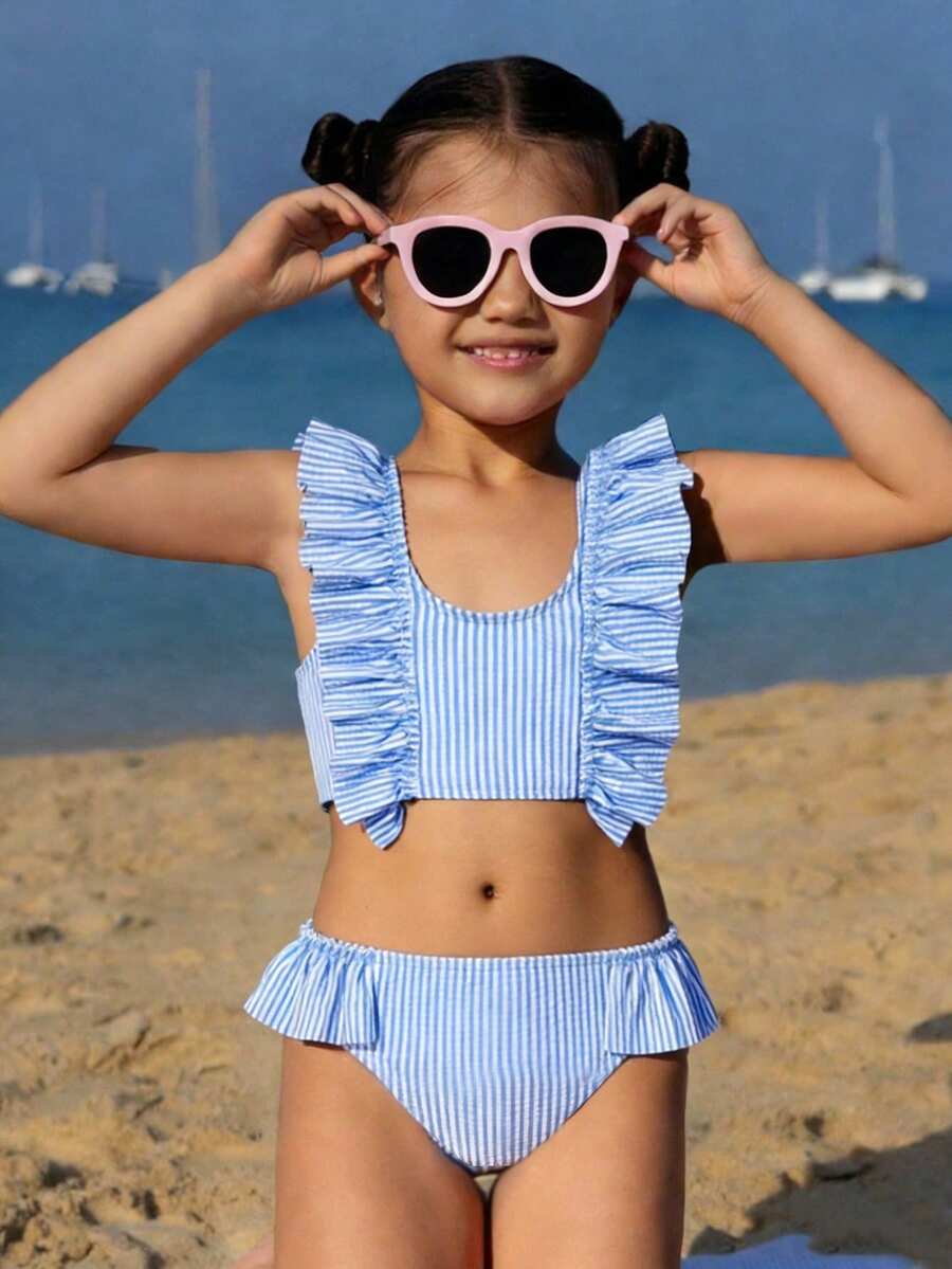 SHEIN 女童条纹印花荷叶边比基尼套装，随机印花 - 藍色 - 查看 1