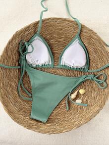 SHEIN Swim 2026春夏黑色特制面料女士泳装，吊带露背纯色性感侧系带丁字比基尼两件式泳衣 - 綠色 - 查看 2