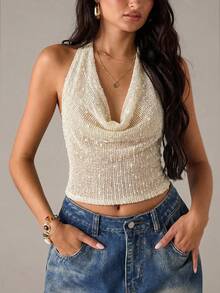 SHEIN BAE Women's Summer Sexy Bohemian Beach Vacation Tie-Dye Halter Backless Top , Summer ,Party ,Beach,Cute Top,Club Sexy,Sheer Mesh Top - Apricot - View 3