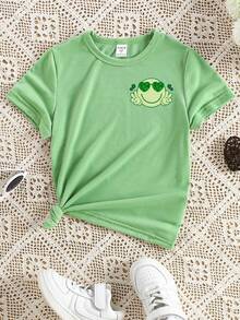 Young Girl Casual Cute Cartoon Face,Plaid,Clover,Glitter Heart Letter Print Short T-Shirt,Comfortable Summer School Daily Wear - Green - View 2