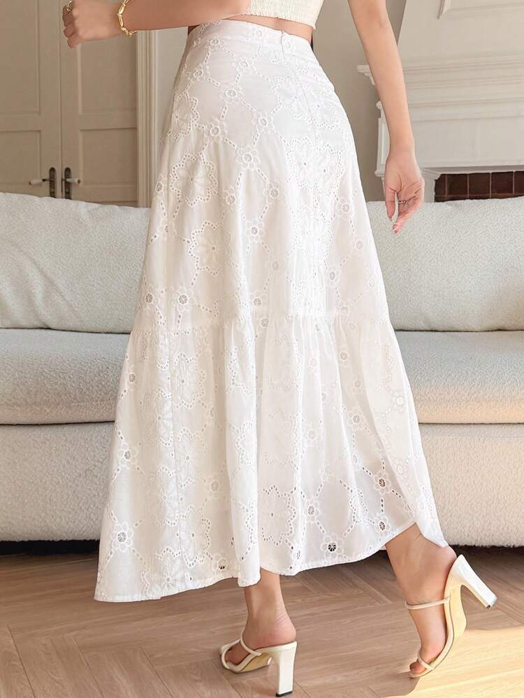 Elegant White Hollow Embroidery Long Skirt For Women