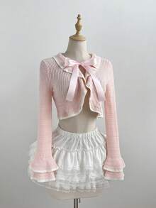 Elamini Rosa kofta med volang och fluga framtill för kvinnor, mångsidig för vår och sommar - Rosa - Visa 5