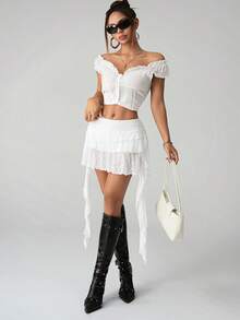 SHEIN ICON 女士纯色不对称下摆荷叶边时尚夏季半身裙 - 白色 - 查看 5