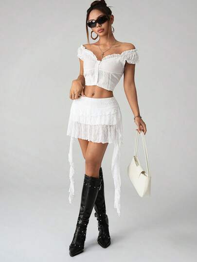 SHEIN ICON Women's Solid Color Asymmetrical Hem Ruffle Hem Fashionable Summer Skirt