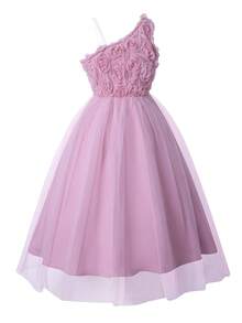 3D立体花卉贴花A字中长伴娘礼服，青少年花童礼服，A字廓形，中长款，饰以花卉贴花和薄纱网纱，适合婚礼、生日派对、庆典和演出等场合。 - 粉色 - 查看 2