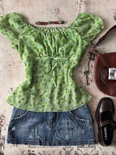 Glimmora Women's Round Neck Short Sleeve Tie Front Casual Summer Ditsy Floral Textured Blouse