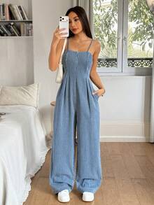 Rivivi Randig, veckad jumpsuit i denim med vida ben och smal passform för kvinnor - Blå - Visa 5